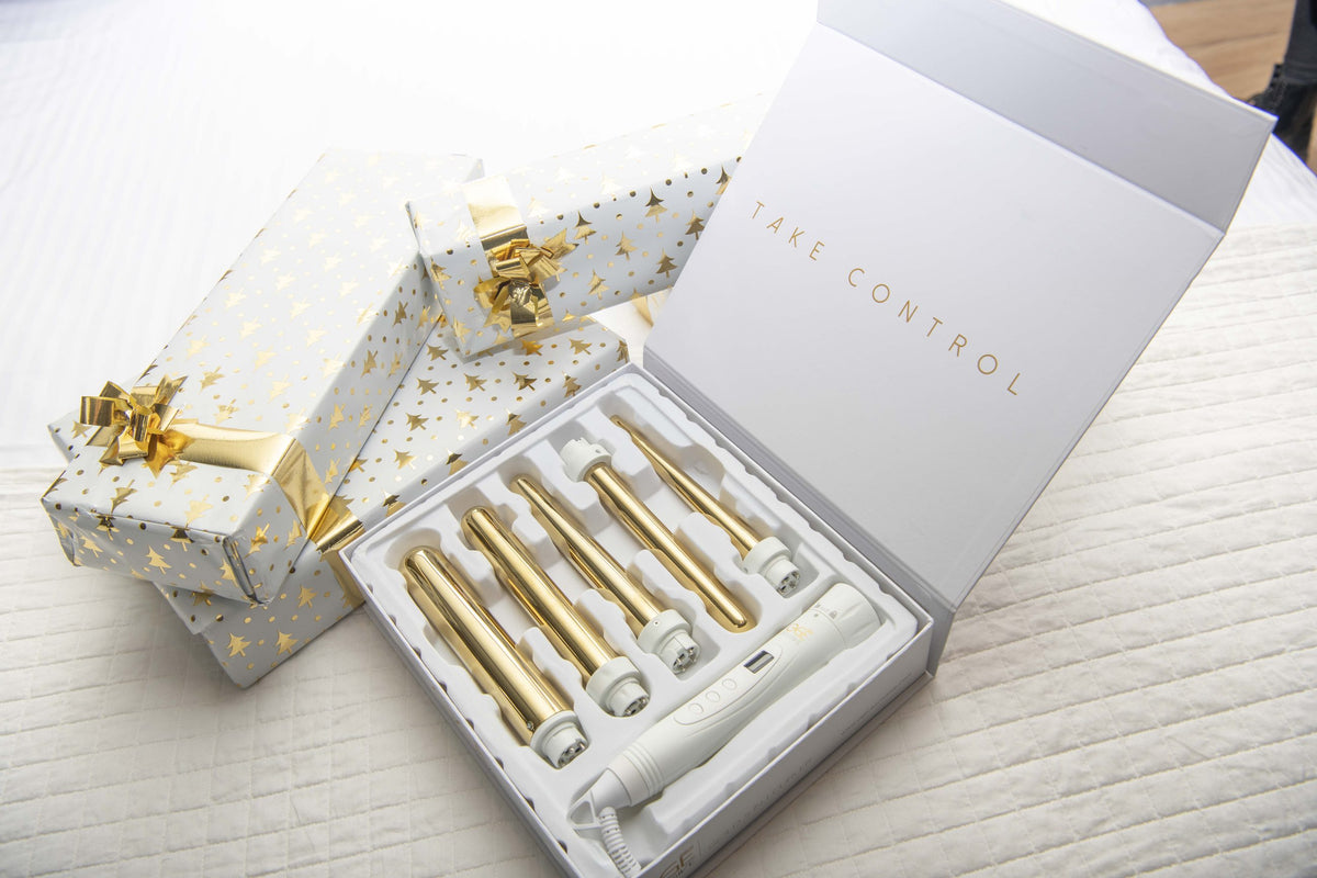 Het complete assortiment krultangen en opzetstukken van Ogé Exclusive, in goud en wit